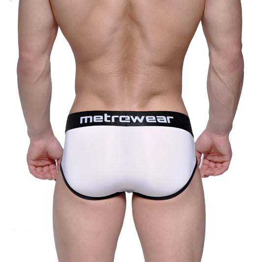MetroMaleWear max bulge brief white with black trim and waistband showcasing a supportive design in breathable fabric