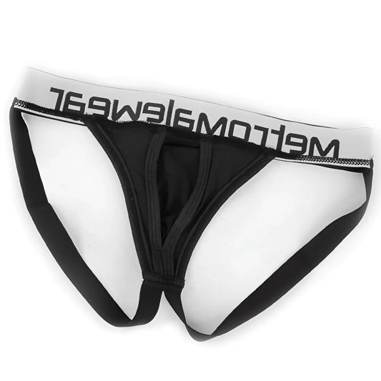 Black mens briefs with white meltom logo waistband in metro male wear max bulge jock strap black 1511-20 design