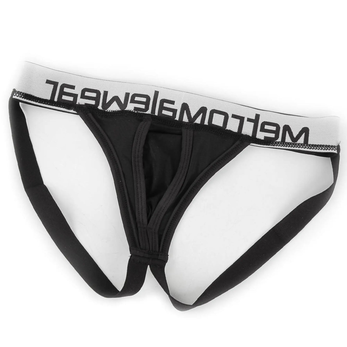 Black mens briefs with white meltom logo waistband in metro male wear max bulge jock strap black 1511-20 design