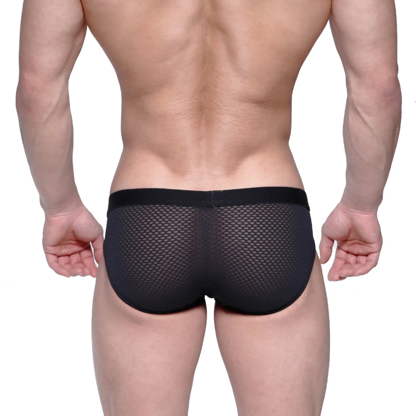 Black mesh briefs with a solid black waistband from MetroMaleWear Max Hip Brief 3003-70 showing front view
