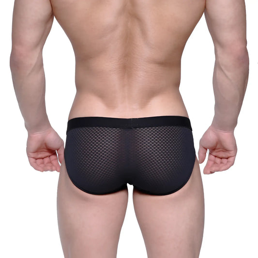 Black mesh briefs with a solid black waistband from MetroMaleWear Max Hip Brief 3003-70 showing front view