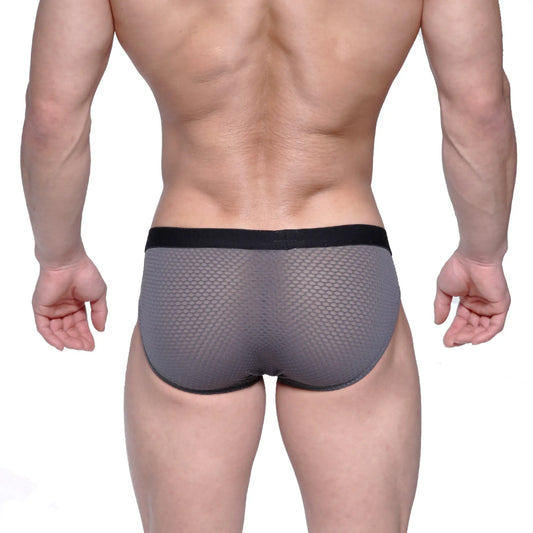 Metro male wear max hip brief gray mesh 3003-72 featuring gray mesh fabric and black elastic waistband