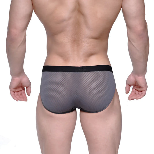 Metro male wear max hip brief gray mesh 3003-72 featuring gray mesh fabric and black elastic waistband