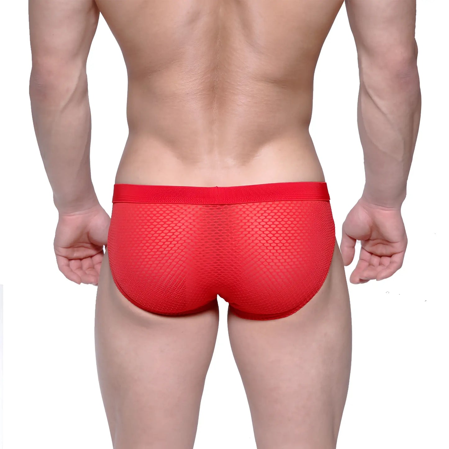Red mesh metro malewear max hip briefs with solid red waistband for comfortable stylish underwear
