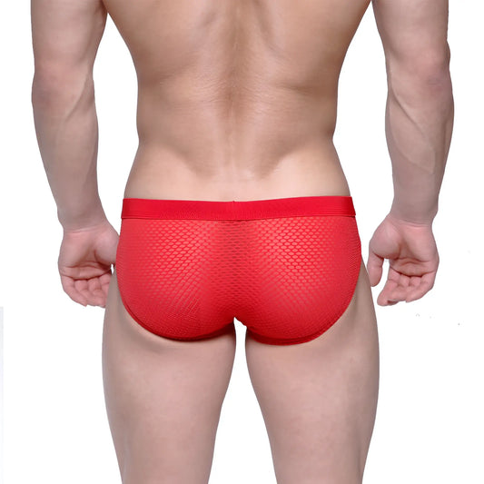 Red mesh metro malewear max hip briefs with solid red waistband for comfortable stylish underwear