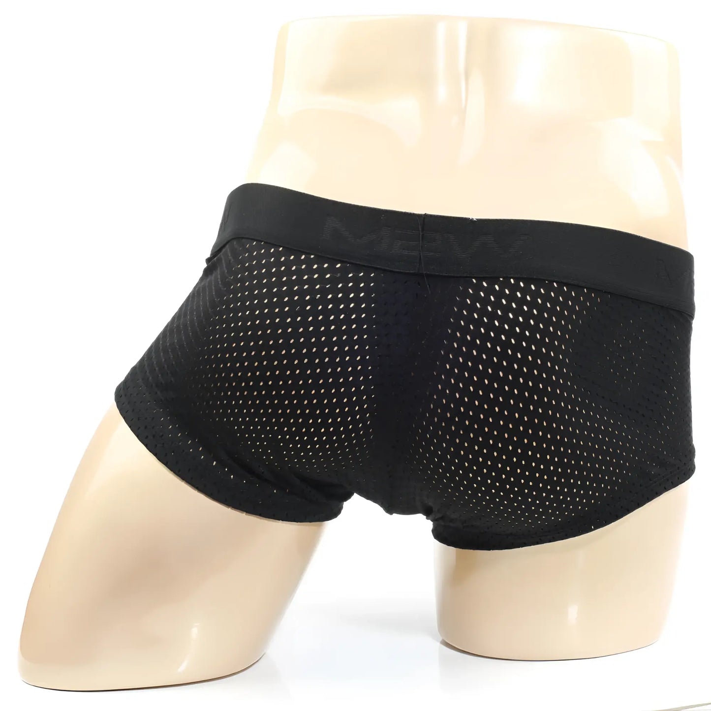 Black mesh MetroMaleWear MAX mesh boxer briefs with a solid elastic waistband featuring the mebw logo