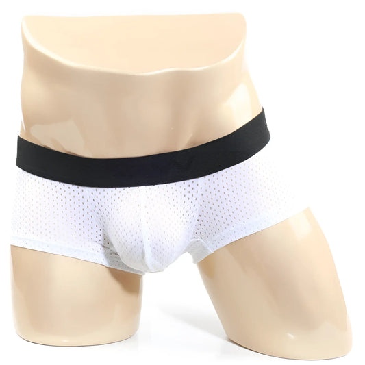 Metro malewear max mesh boxer white 3013-74 white mesh briefs with black elastic waistband front view