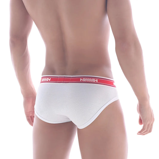 White mesh metroMalewear max mesh hip brief featuring a red waistband with annuv branding in white lettering