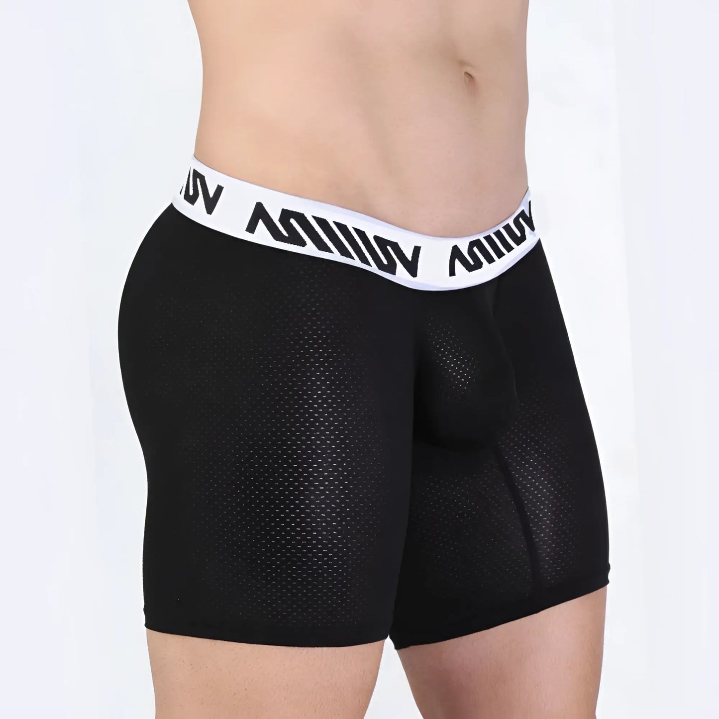 MetroMaleWear Max mid cut boxer brief in black mesh with white elastic waistband and black lettering