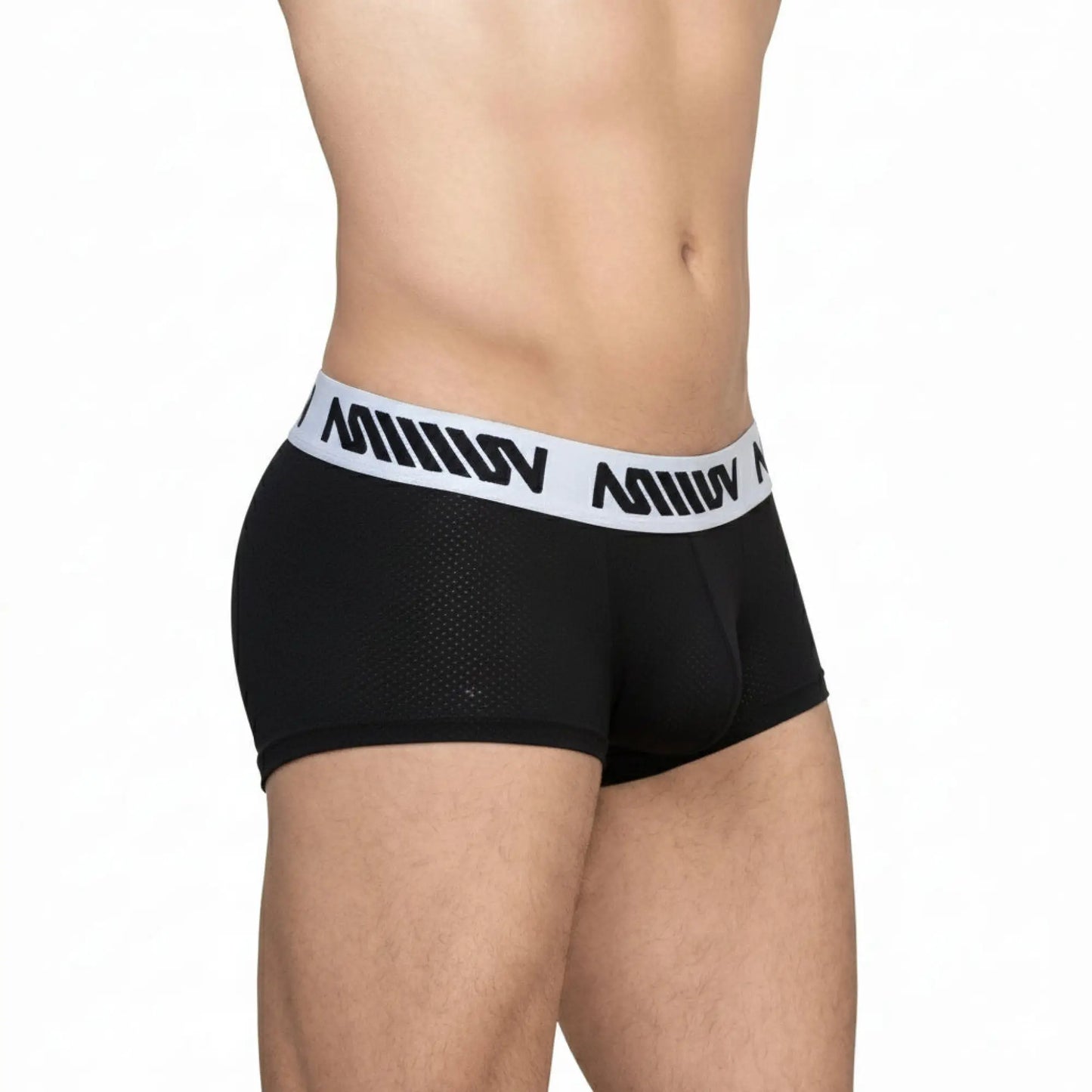 MetroMaleWear Max Short boxer black 3013-23 black mesh briefs with white elastic waistband and black lettering