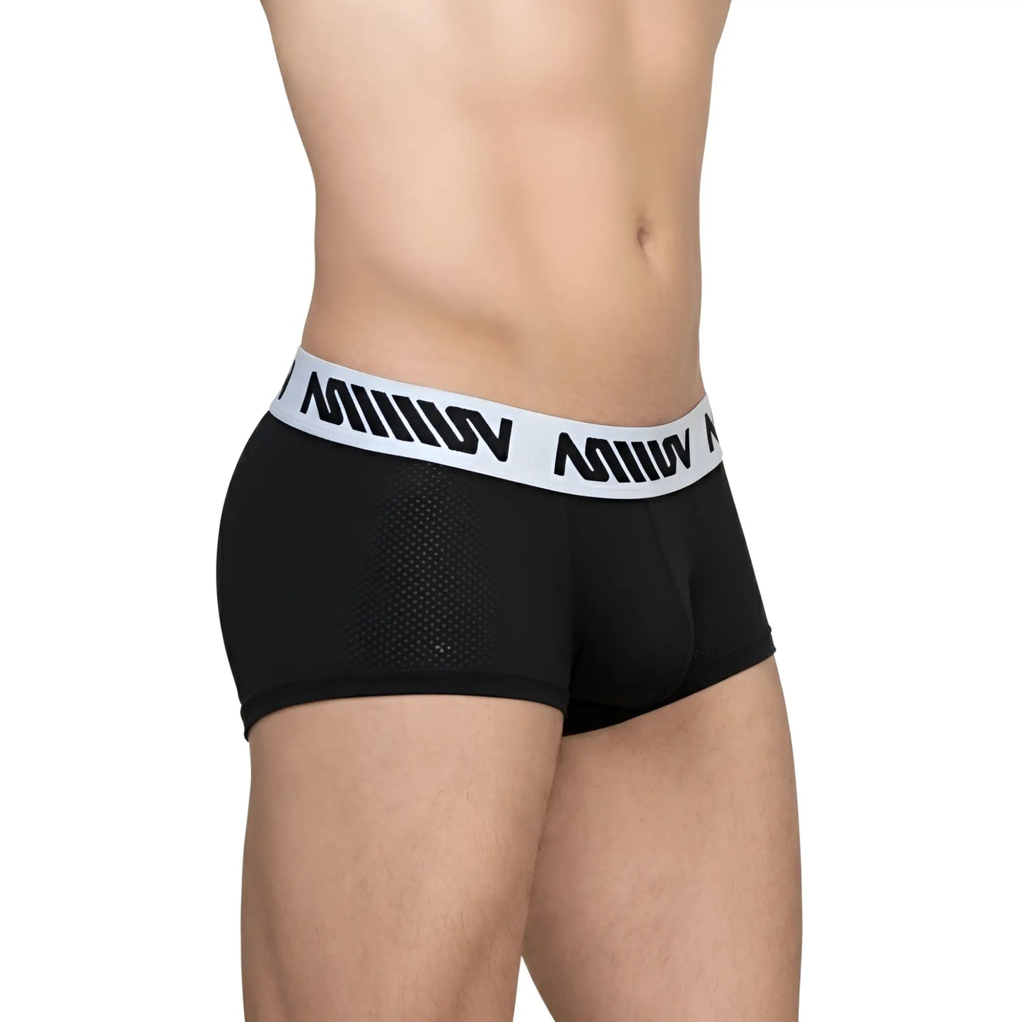 MetroMaleWear Max Short boxer black 3013-23 black mesh briefs with white elastic waistband and black lettering