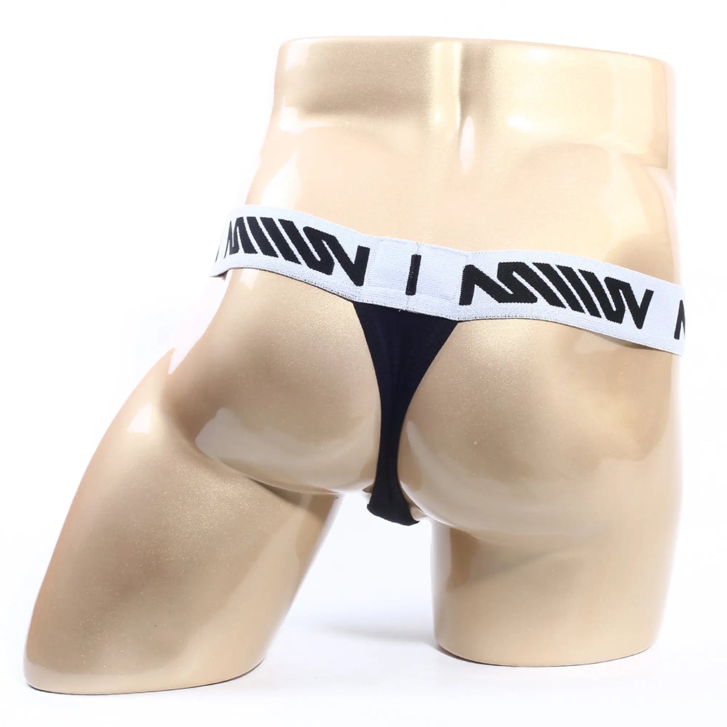 Black thong with white elastic waistband featuring bold black lettering from MetroMaleWear Max Thong 3202-21 front side view