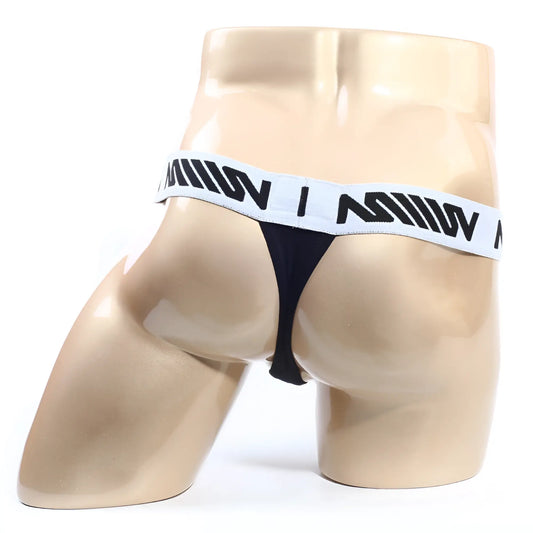 Black thong with white elastic waistband featuring bold black lettering from MetroMaleWear Max Thong 3202-21 front side view