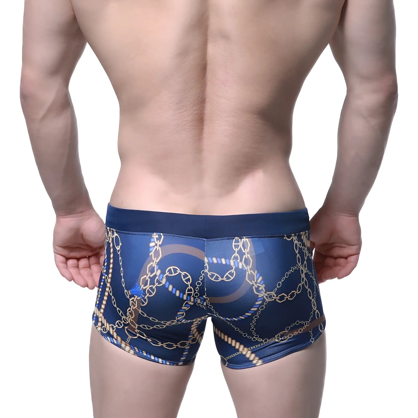 Navy blue metroMalewear mayor swim boxer briefs with gold chain pattern and subtle blue star accents