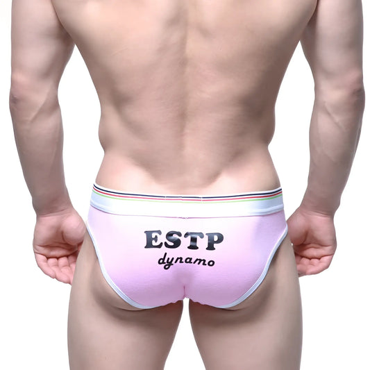 Pink ESTP dynamo briefs with a white striped waistband and black lettering.