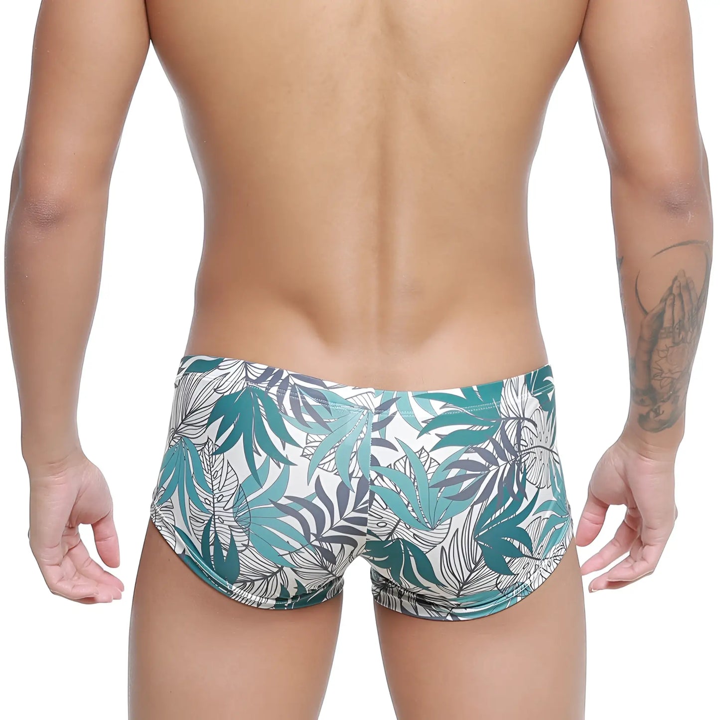 MetroMaleWear Meadow Trunk 2125-56 tropical leaf-patterned swim trunks in teal white and gray for men