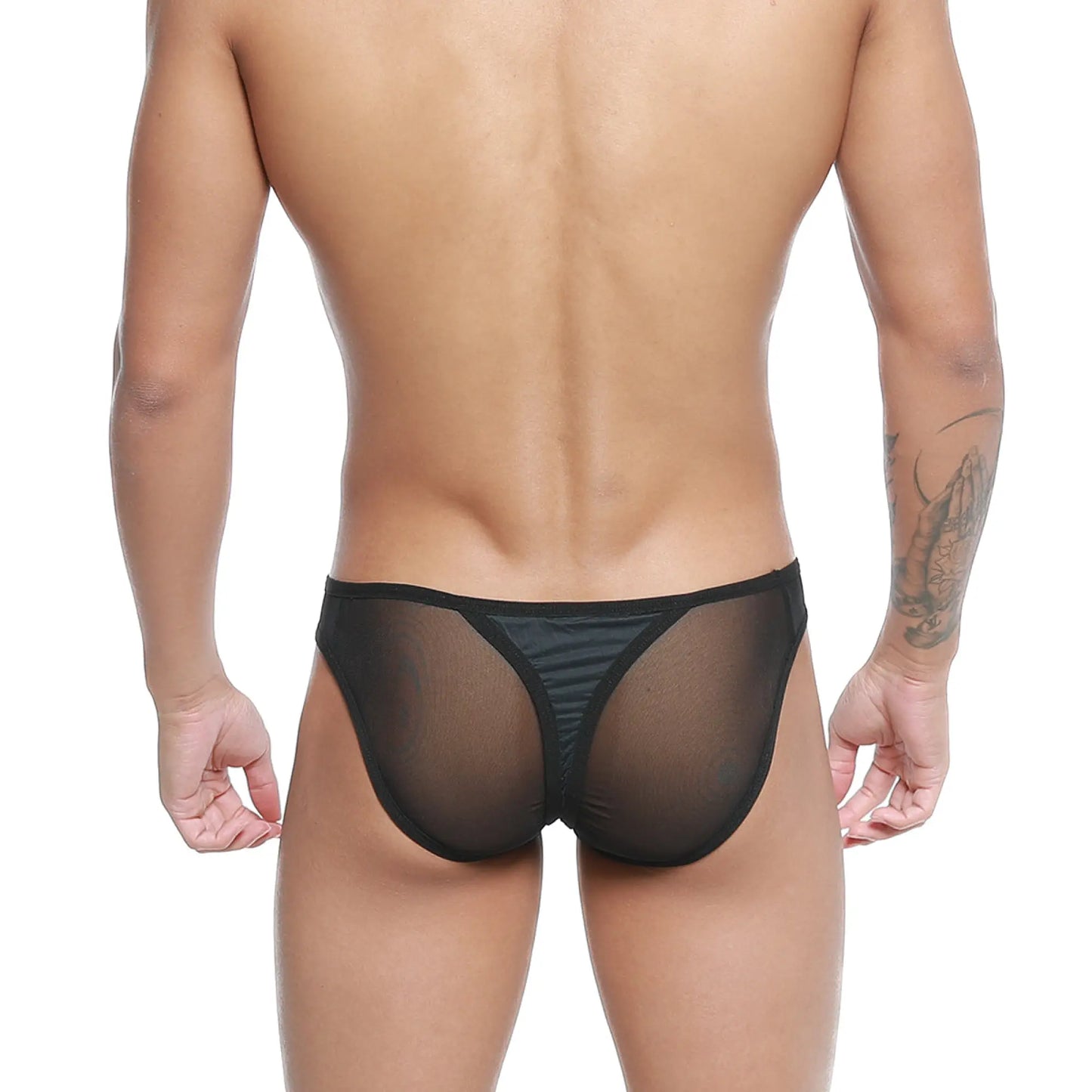 Black sheer mesh briefs with solid black waistband metro male wear mesh bikini thong black 2972-20 back side view
