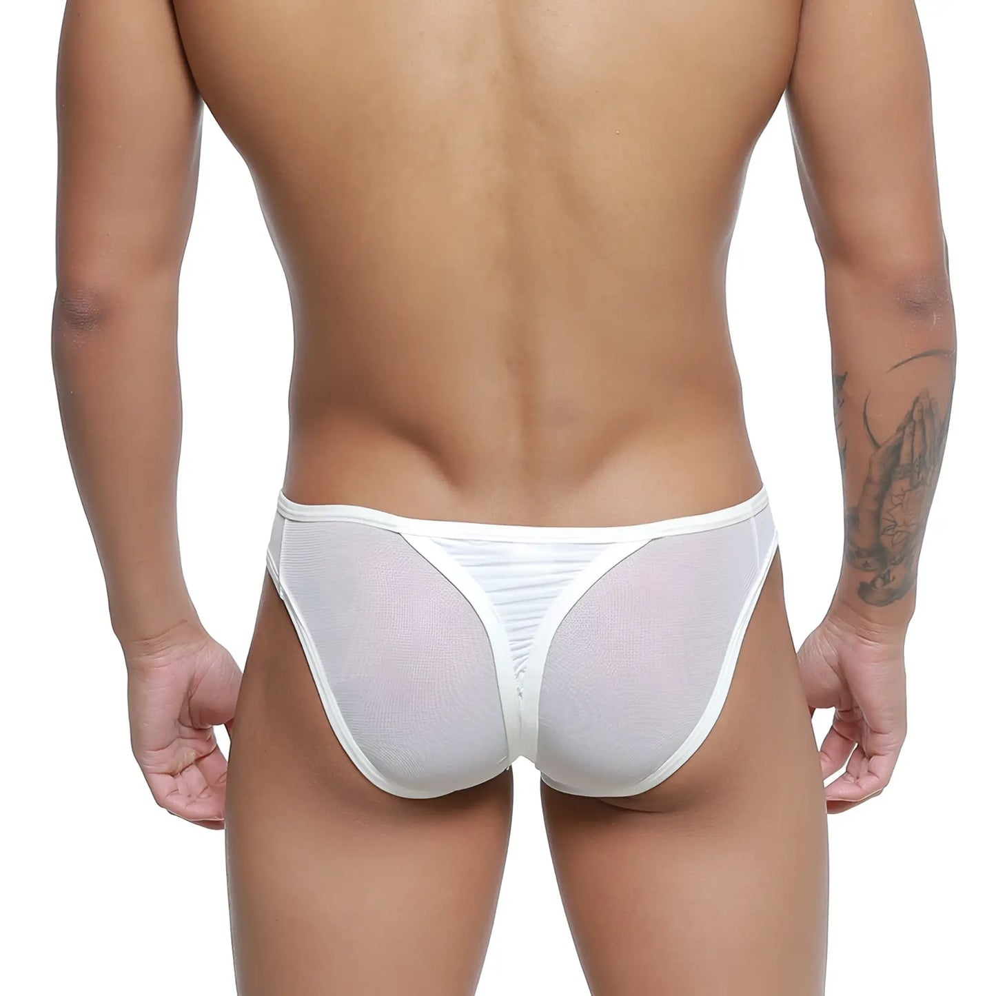 White mesh bikini-thong with a solid white waistband and back seam shown from the back.