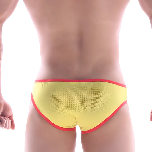 Yellow mesh bikini swim trunks with bold red trim from MetroMaleWear model 6105-15