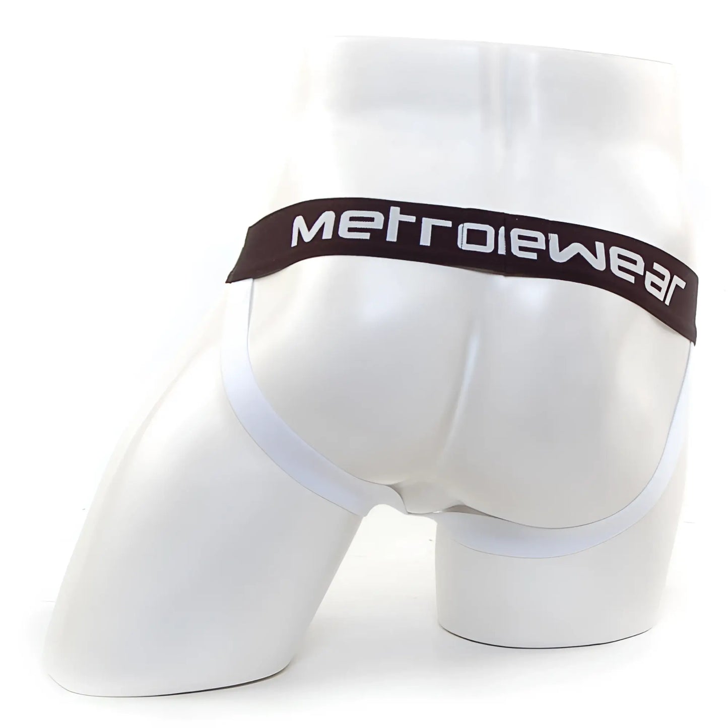 White men’s briefs with a dark brown metrowear logo waistband paired with metro malewear mesh camo jock strap orange 3001-03
