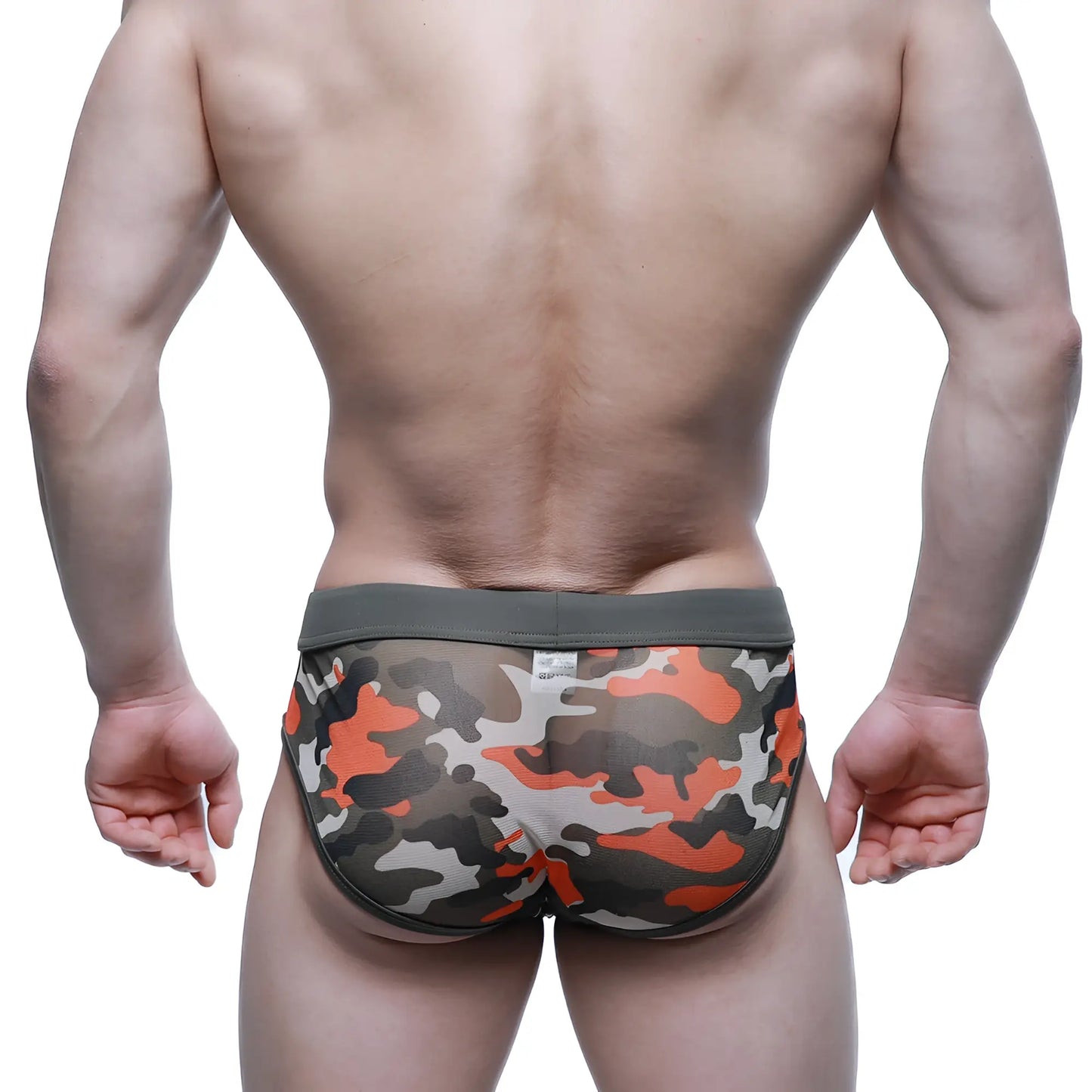 MetroMaleWear mesh camouflage brief green 5203-91 features orange gray white mesh with olive green waistband