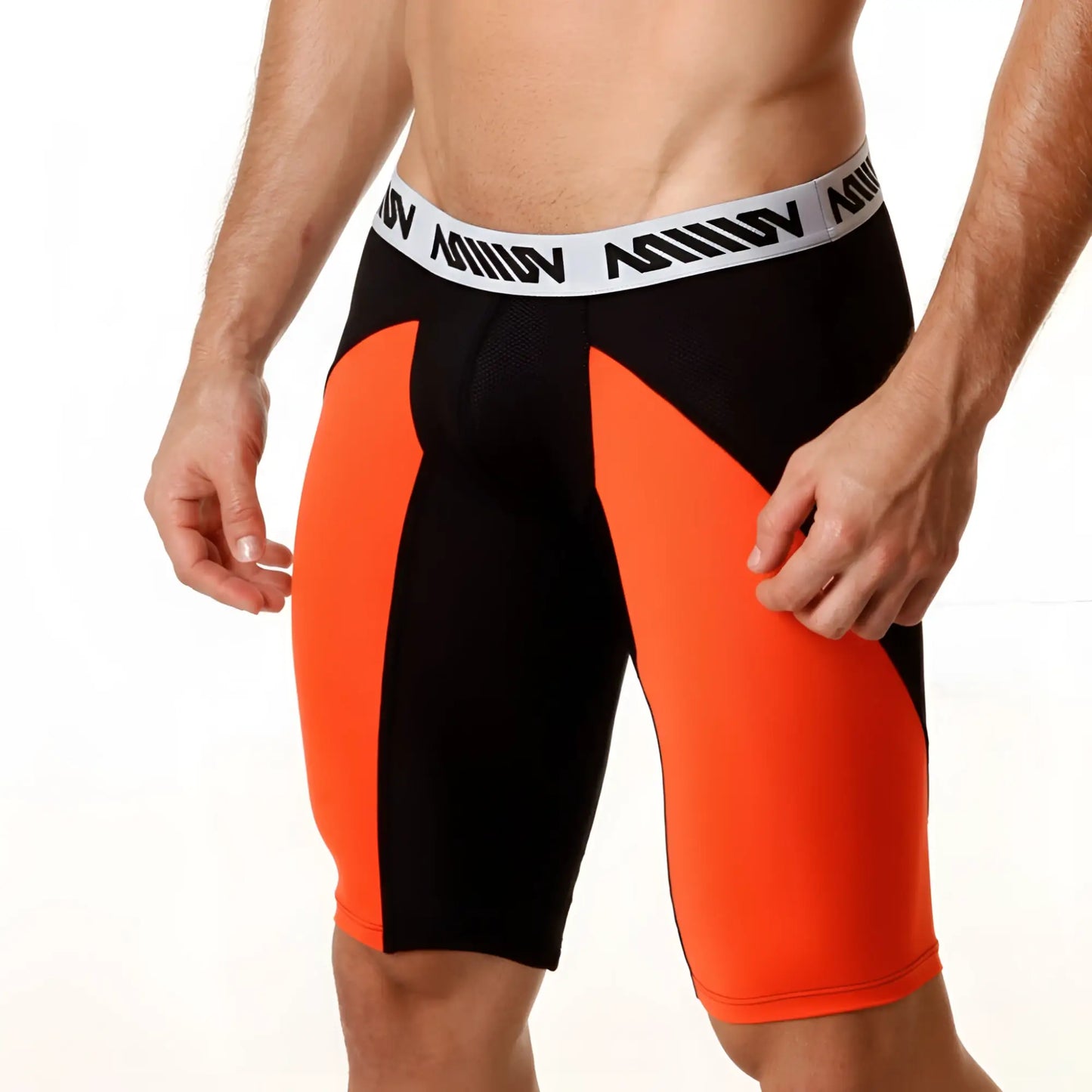 Black and orange metro malewear mesh long shorts with white waistband featuring million branding for athletic use