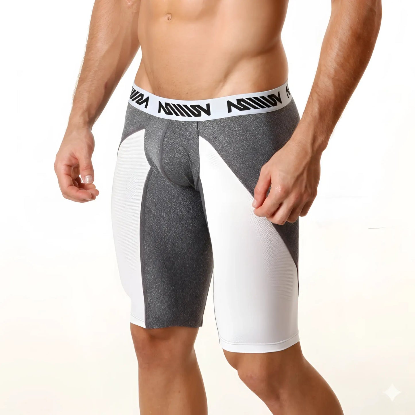 Gray and white metro male wear mesh long shorts with textured fabric and branded waistband 15 inch length