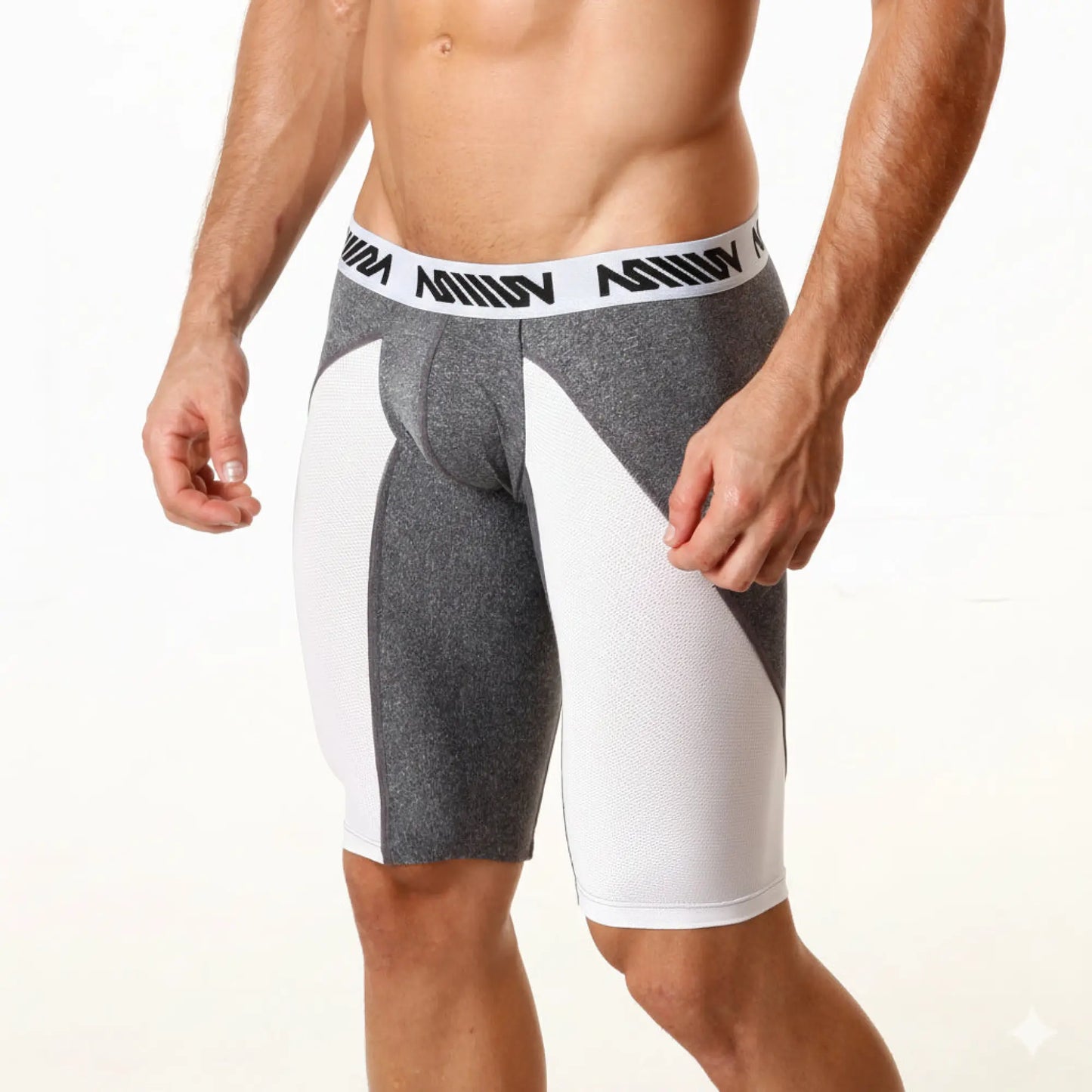 Gray and white metro male wear mesh long shorts with textured fabric and branded waistband 15 inch length
