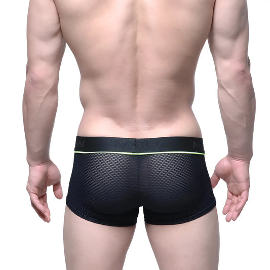 Black mesh briefs with neon green trim and nexx waistband from metro male wear meta trunk black 2026-75 collection