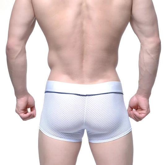 White mesh briefs with solid white waistband and thin navy blue trim from MetroMaleWear META TRUNK 2026-76