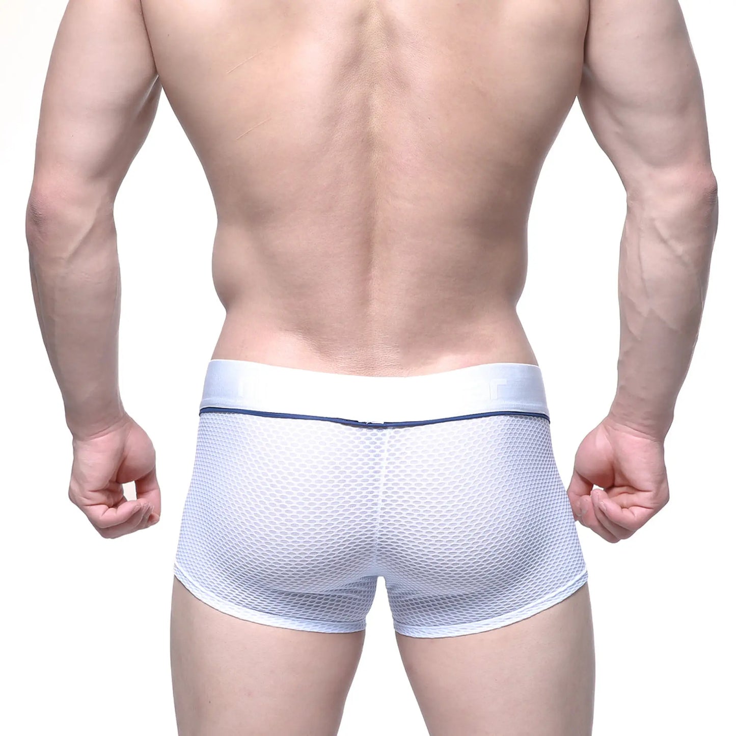 White mesh briefs with solid white waistband and thin navy blue trim from MetroMaleWear META TRUNK 2026-76