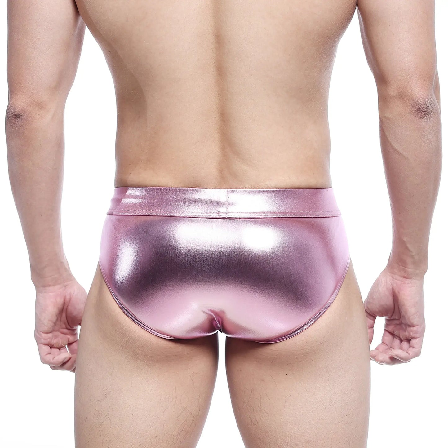 MetroMaleWear metal hip brief in shiny pink metallic fabric showcasing the front view