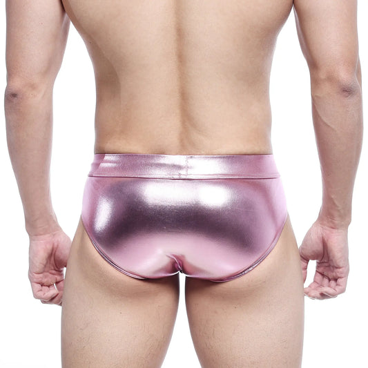 MetroMaleWear metal hip brief in shiny pink metallic fabric showcasing the front view