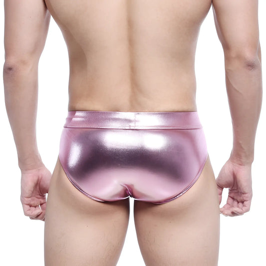 MetroMaleWear metal hip brief in shiny pink metallic fabric showcasing the front view
