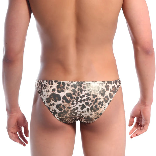 Metromalewear metallic leopard gold bikini swim trunks with shiny metallic finish for men