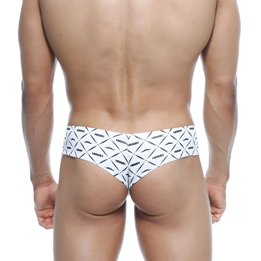 White briefs with a bold black geometric and mustache pattern featuring repeated arrow branding.