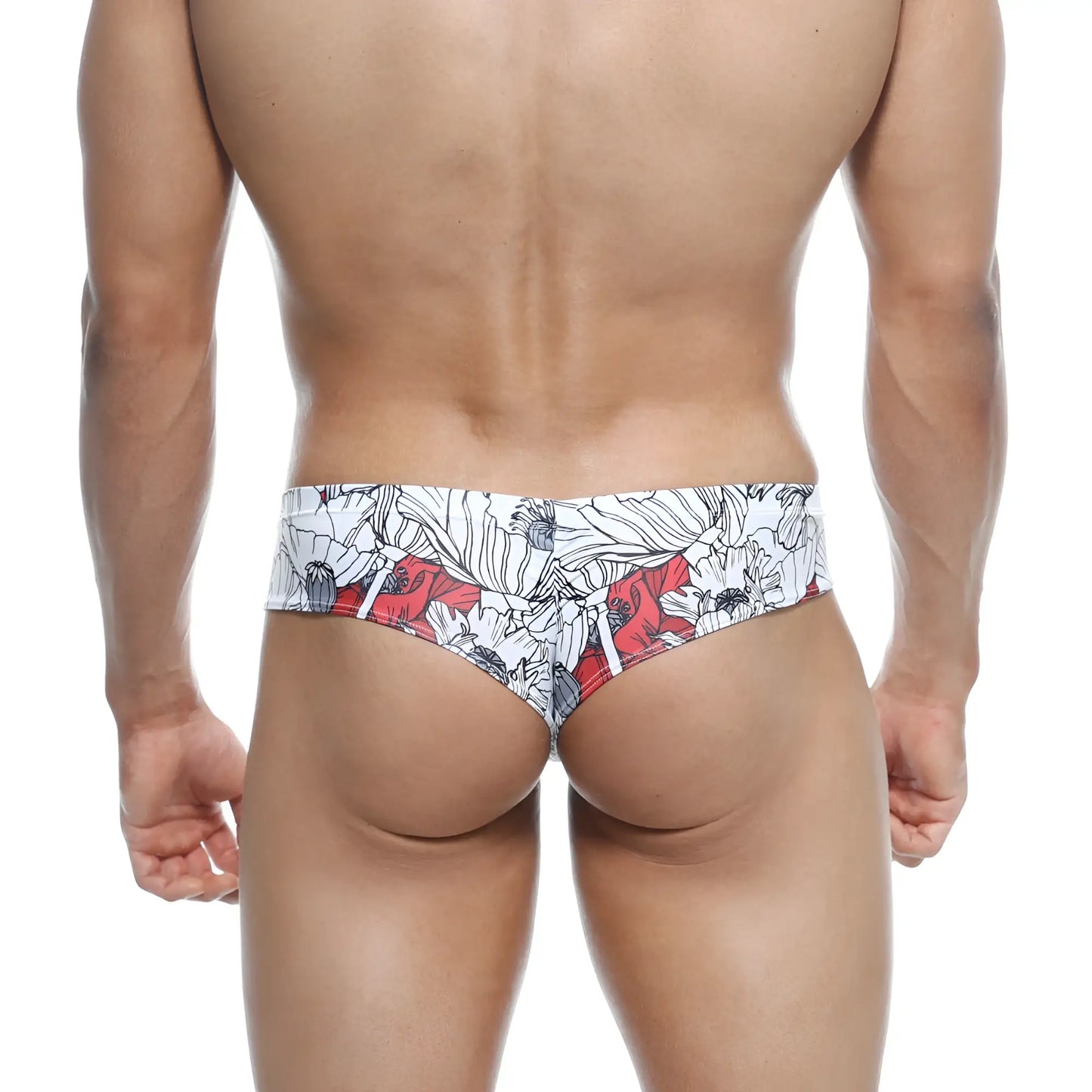 Metro malewear micro cheek escobar 2027-09 red and white floral patterned men’s briefs shown from the back side