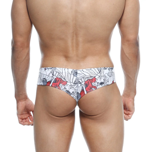 Metro malewear micro cheek escobar 2027-09 red and white floral patterned men’s briefs shown from the back side