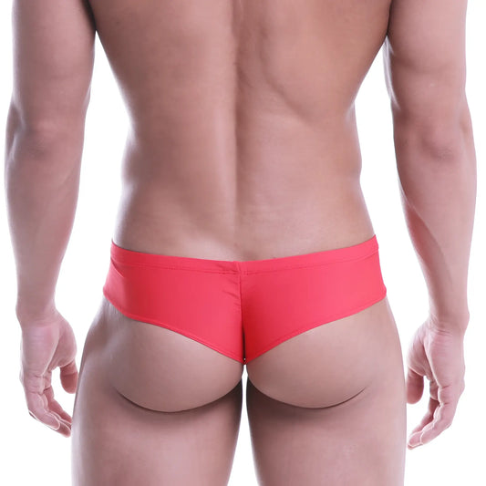 Bright red sleek form-fitting swim trunks MetroMaleWear Micro Cheek designed for swimming and sunbathing