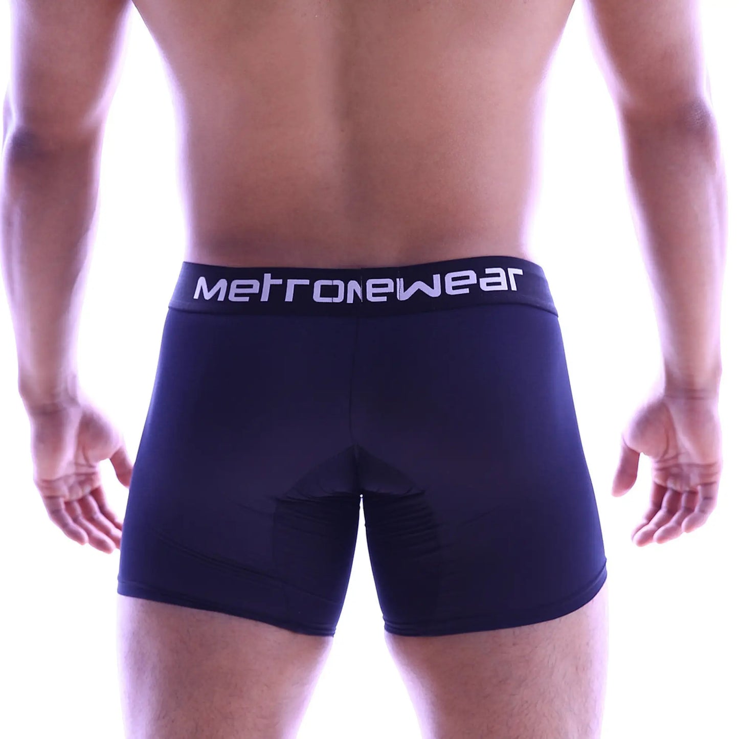 Navy blue metallonewear mens boxer briefs with white logo band and padded rear section shown from the back