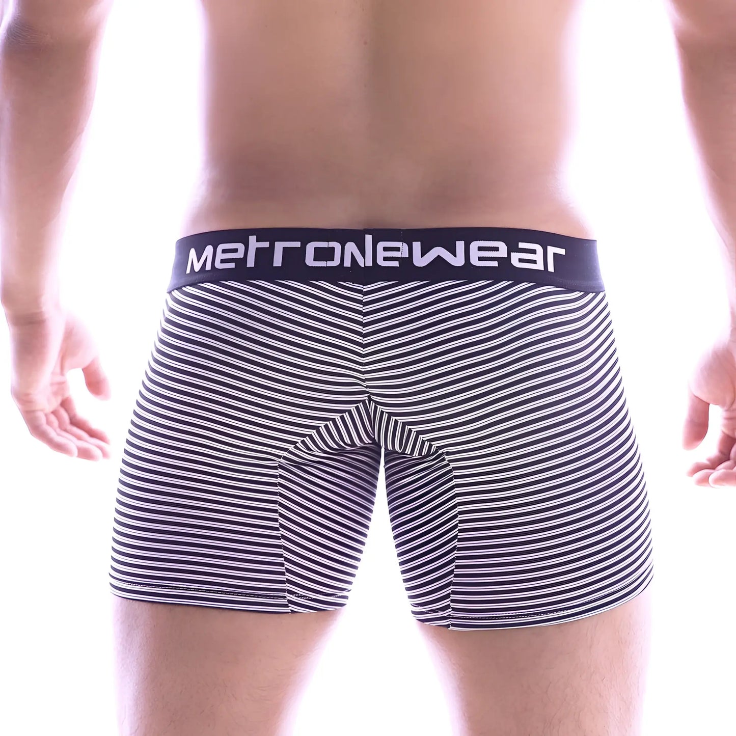 MetroMaleWear micro long boxer black stripe men’s underwear with black and white stripes and navy waistband