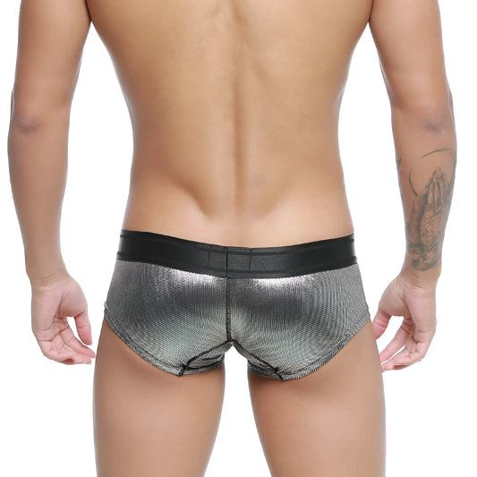 Silver metallic mesh briefs with black elastic waistband from metromalewear micro mini boxer armour 7013-05
