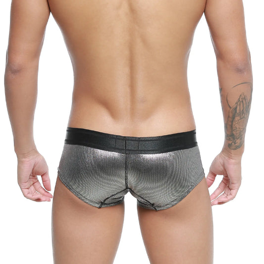 Silver metallic mesh briefs with black elastic waistband from metromalewear micro mini boxer armour 7013-05