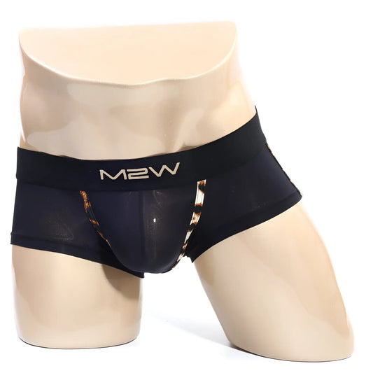 Black m2w men’s briefs metro malewear micro mini boxer cheetah 7013-47 with leopard print trim and sheer mesh front panel