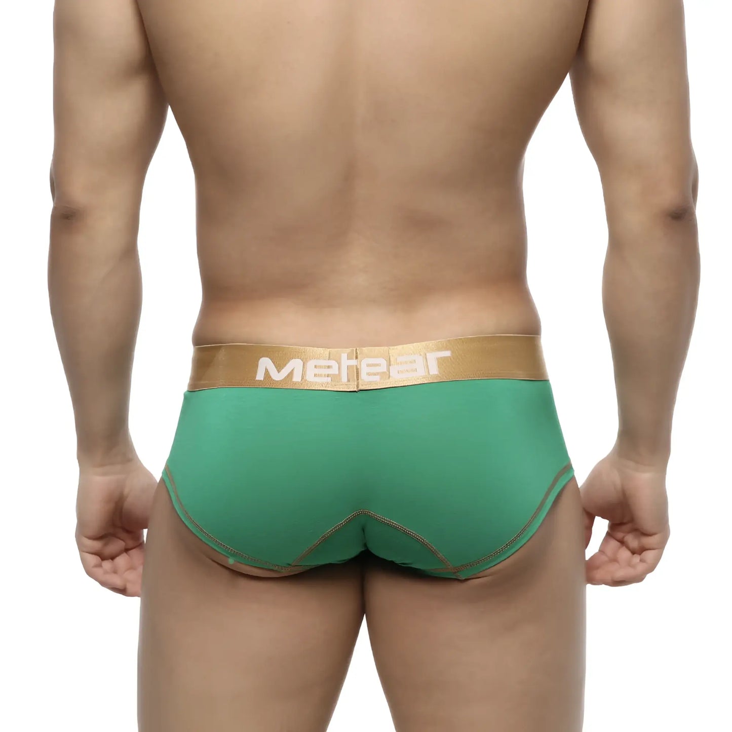 Metro malewear micro mini boxer briefs in green with gold waistband and matching stitching for festive wear