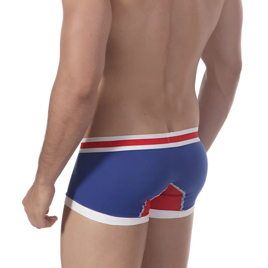Blue men’s boxer briefs with red and white trim showing bold graphic design on the back metroMaleWear royal 7013-18
