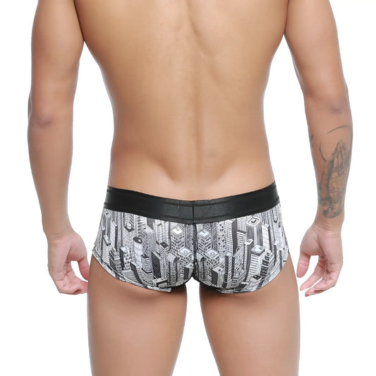MetroMaleWear micro mini boxer briefs in black and white cityscape pattern with black elastic waistband