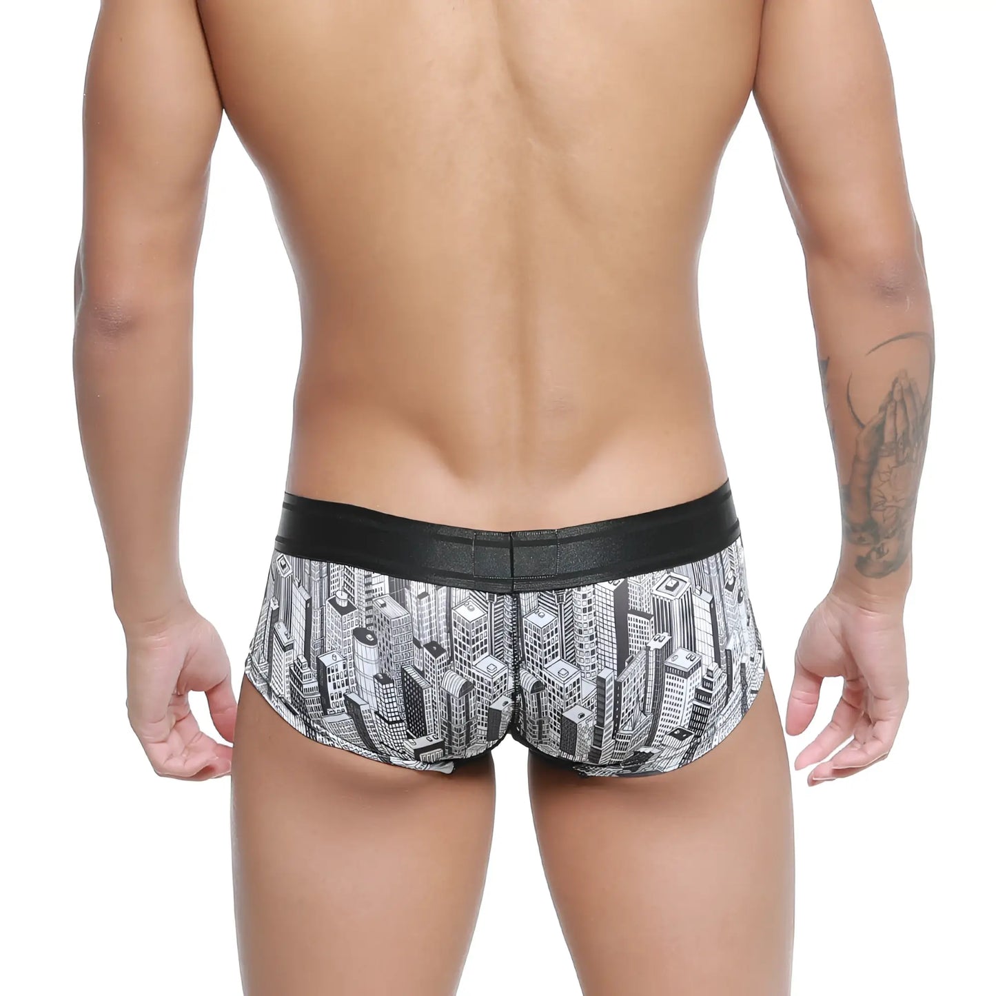 MetroMaleWear micro mini boxer briefs in black and white cityscape pattern with black elastic waistband