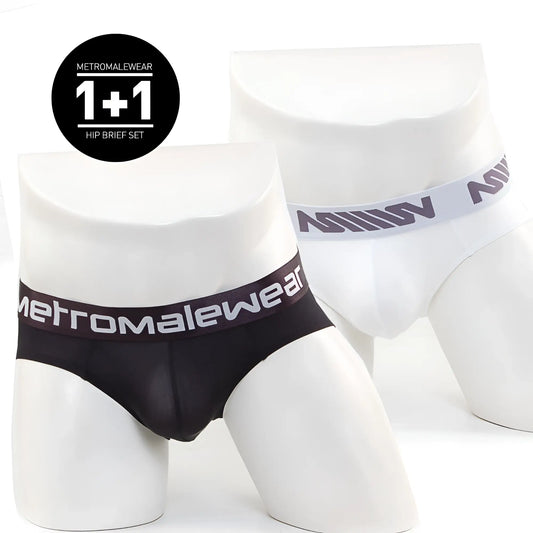 Black and white microfiber metroMalewear hip briefs with branded elastic waistbands showing the front side