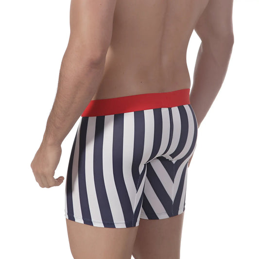 Navy and white striped MetroMaleWear Mid Boxer Tension 10 inch boxer briefs with red waistband for comfort